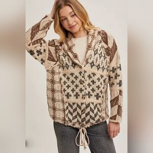 Bluivy Geometric Knit Cardigan - Cream and Brown